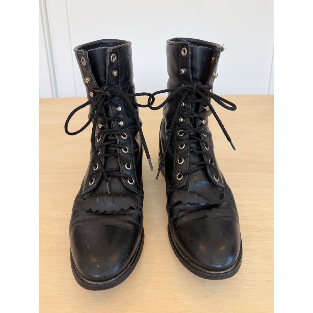 Vintage Justin 506 Men's Black Leather Lace Up Roper Boots Kiltie Western - 8D
